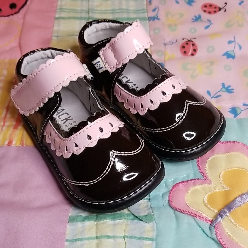 Jack and Lily Shiny Black & Pink Mary  Jane Dress Shoes 12-18 Months EUC